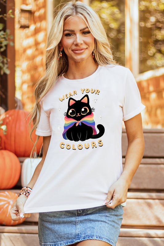 Soft Summer Short Sleeve Top with Rainbow Cat Graphic