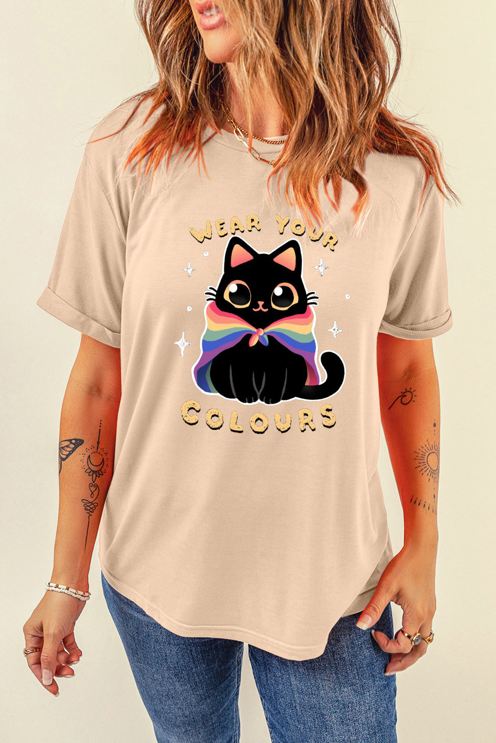 Soft Summer Short Sleeve Top with Rainbow Cat Graphic