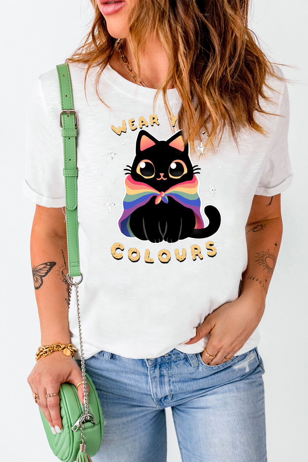 Soft Summer Short Sleeve Top with Rainbow Cat Graphic