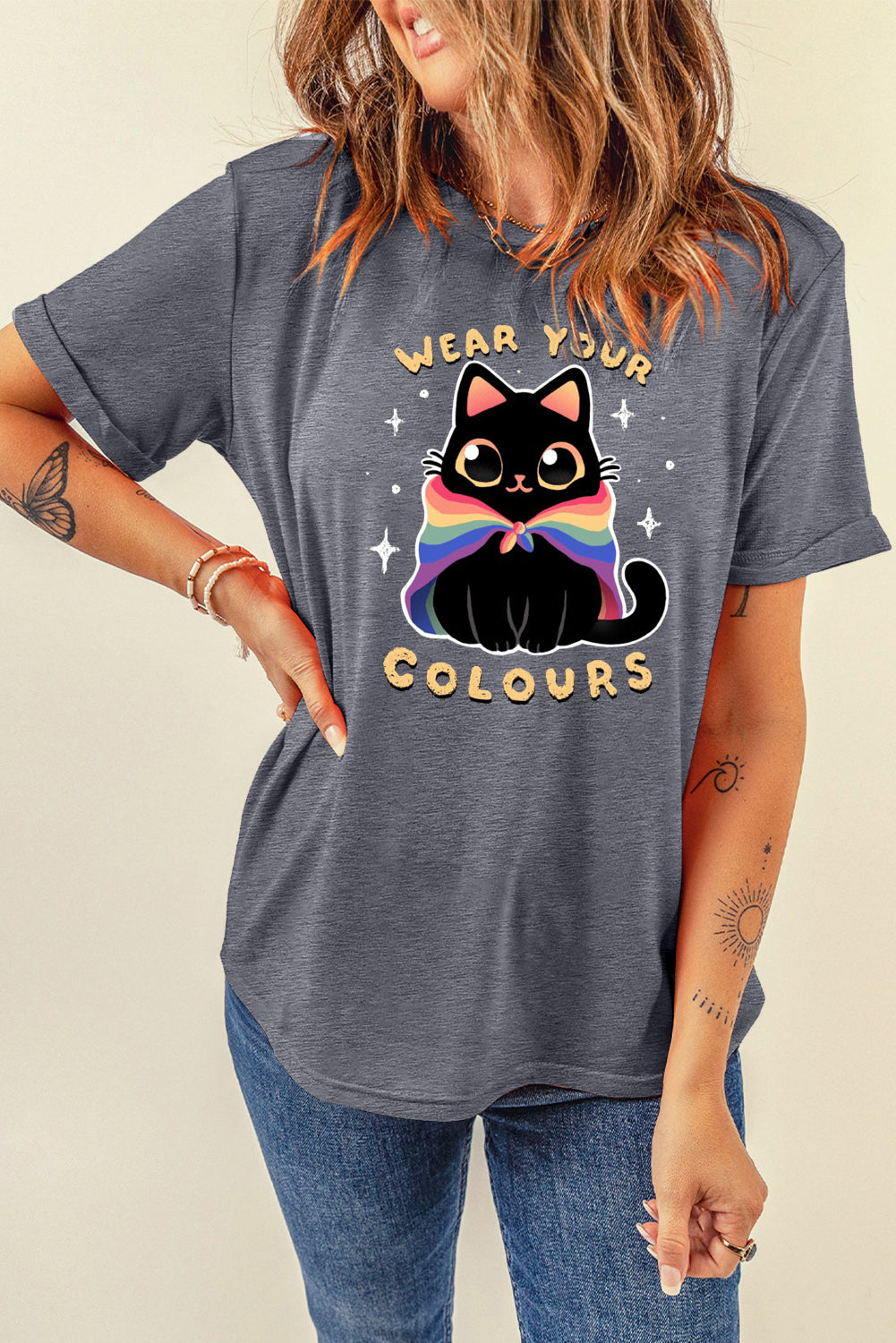 Soft Summer Short Sleeve Top with Rainbow Cat Graphic