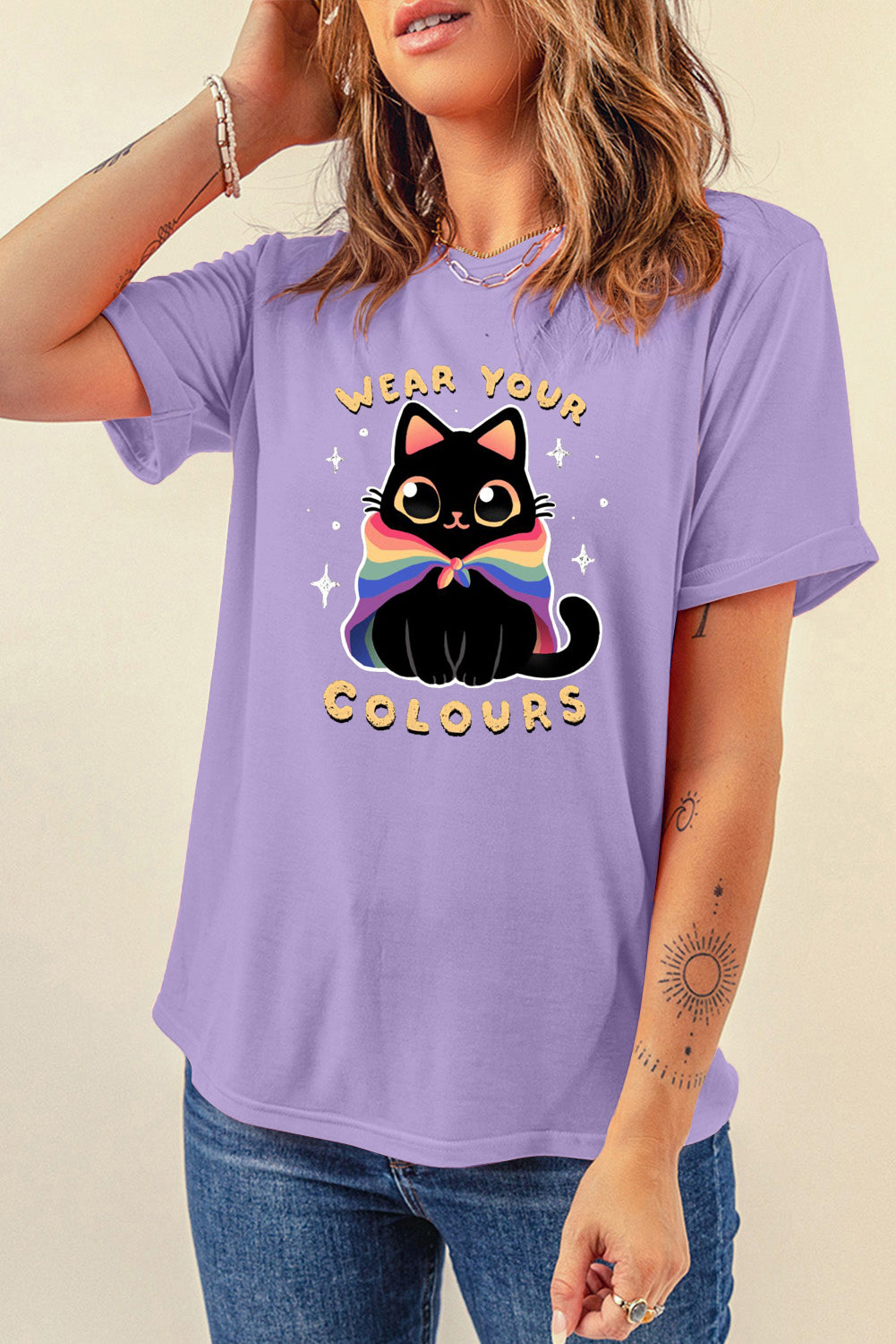 Soft Summer Short Sleeve Top with Rainbow Cat Graphic