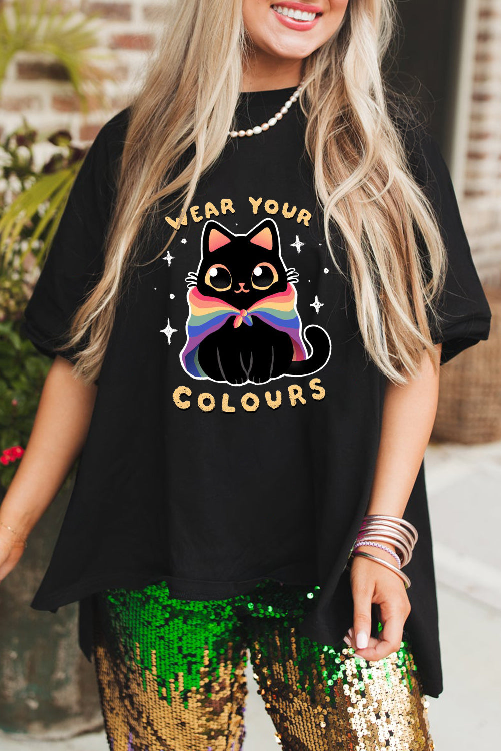 Women’s Casual Rainbow Cat Print Oversized T Shirt