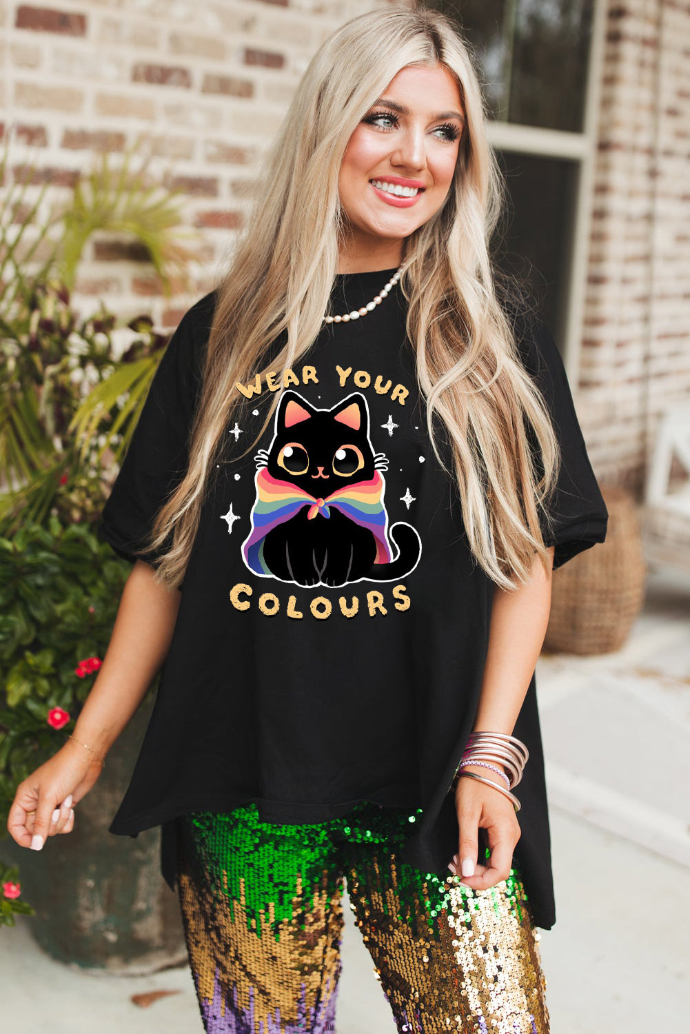 Women’s Casual Rainbow Cat Print Oversized T Shirt