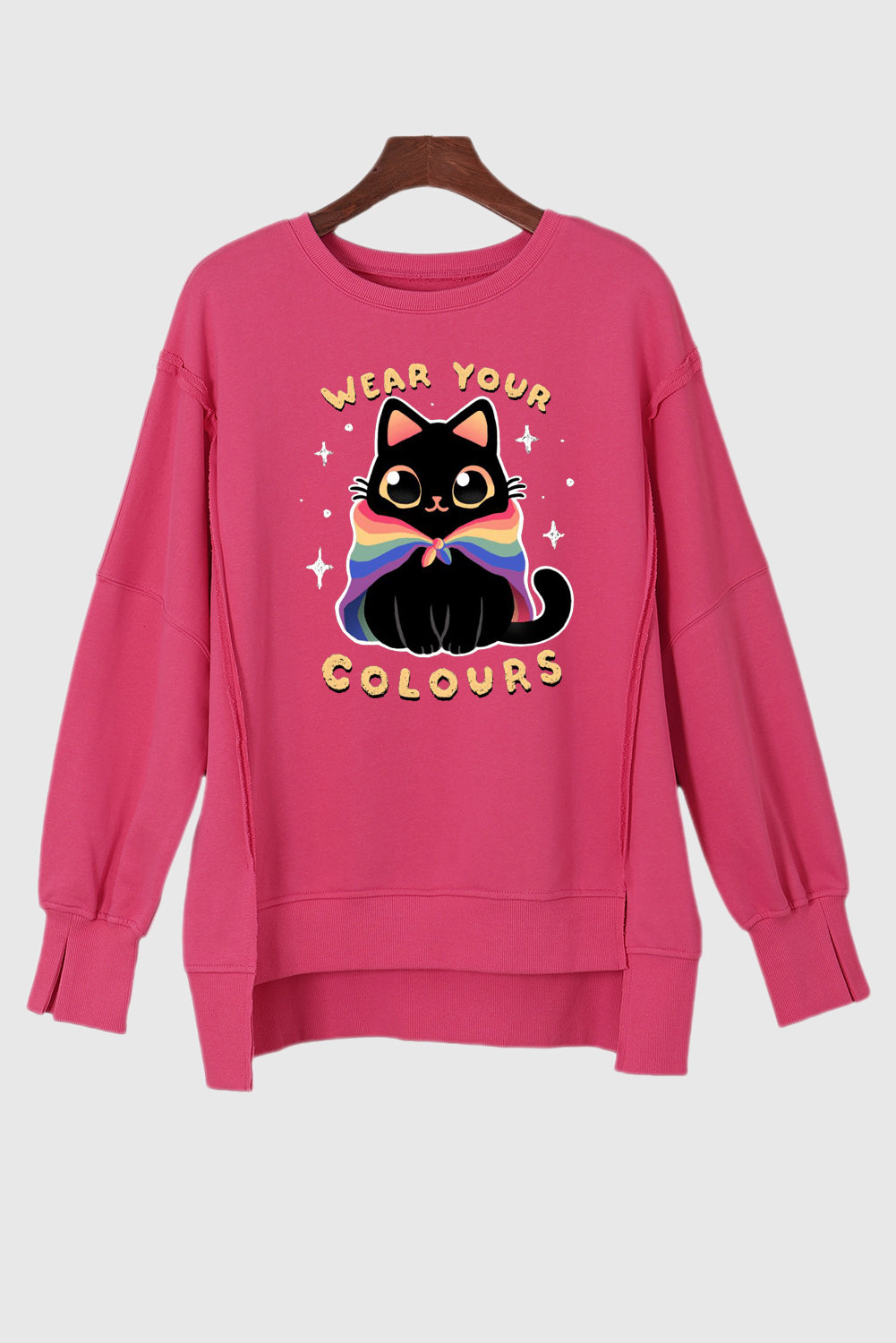 Rose Pink Drop Shoulder Cat Print Pullover for Women
