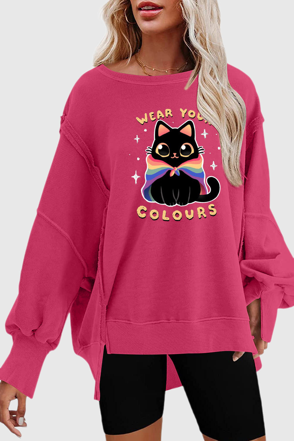 Rose Pink Drop Shoulder Cat Print Pullover for Women