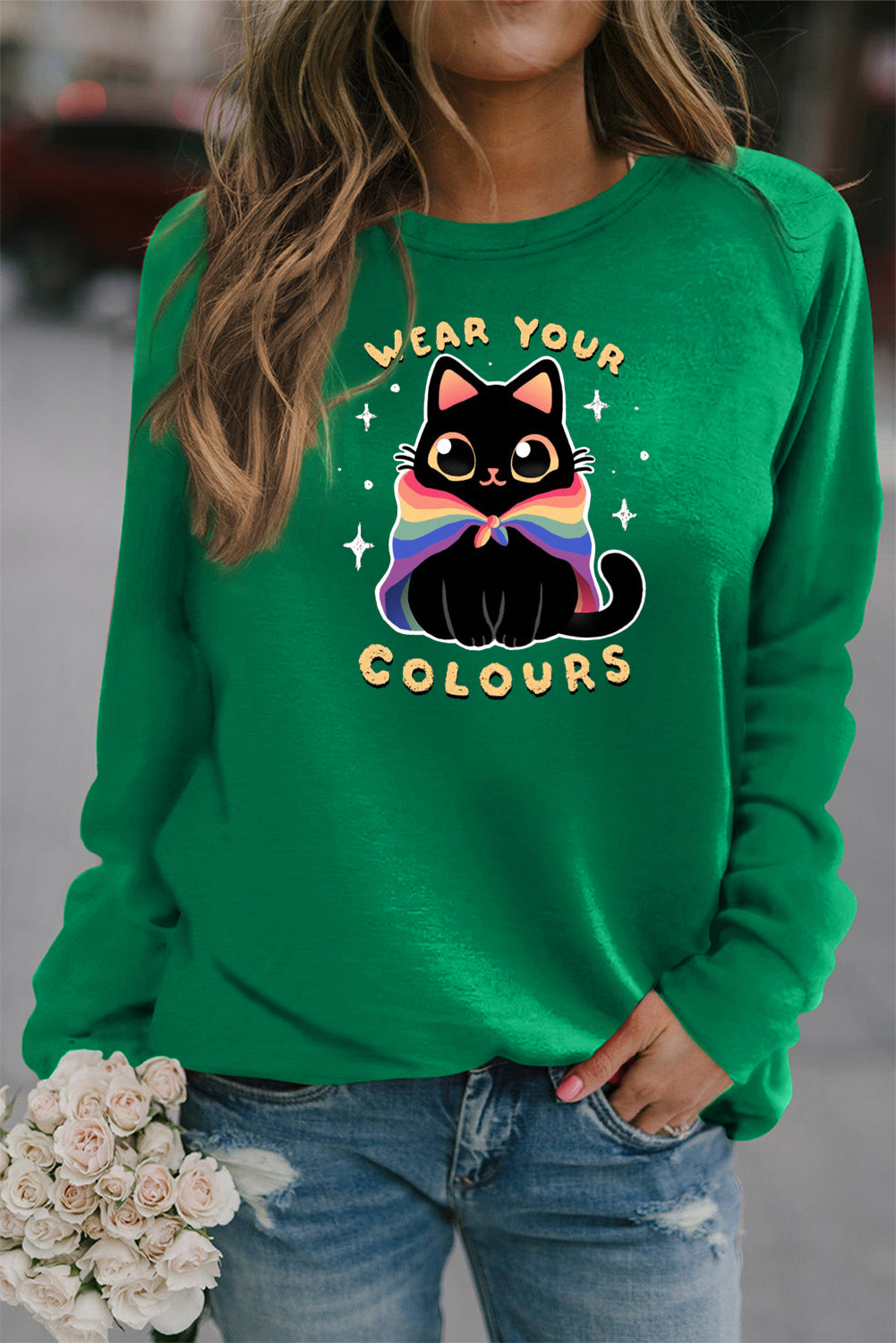 Casual Round Neck Pullover with Rainbow Cat Print