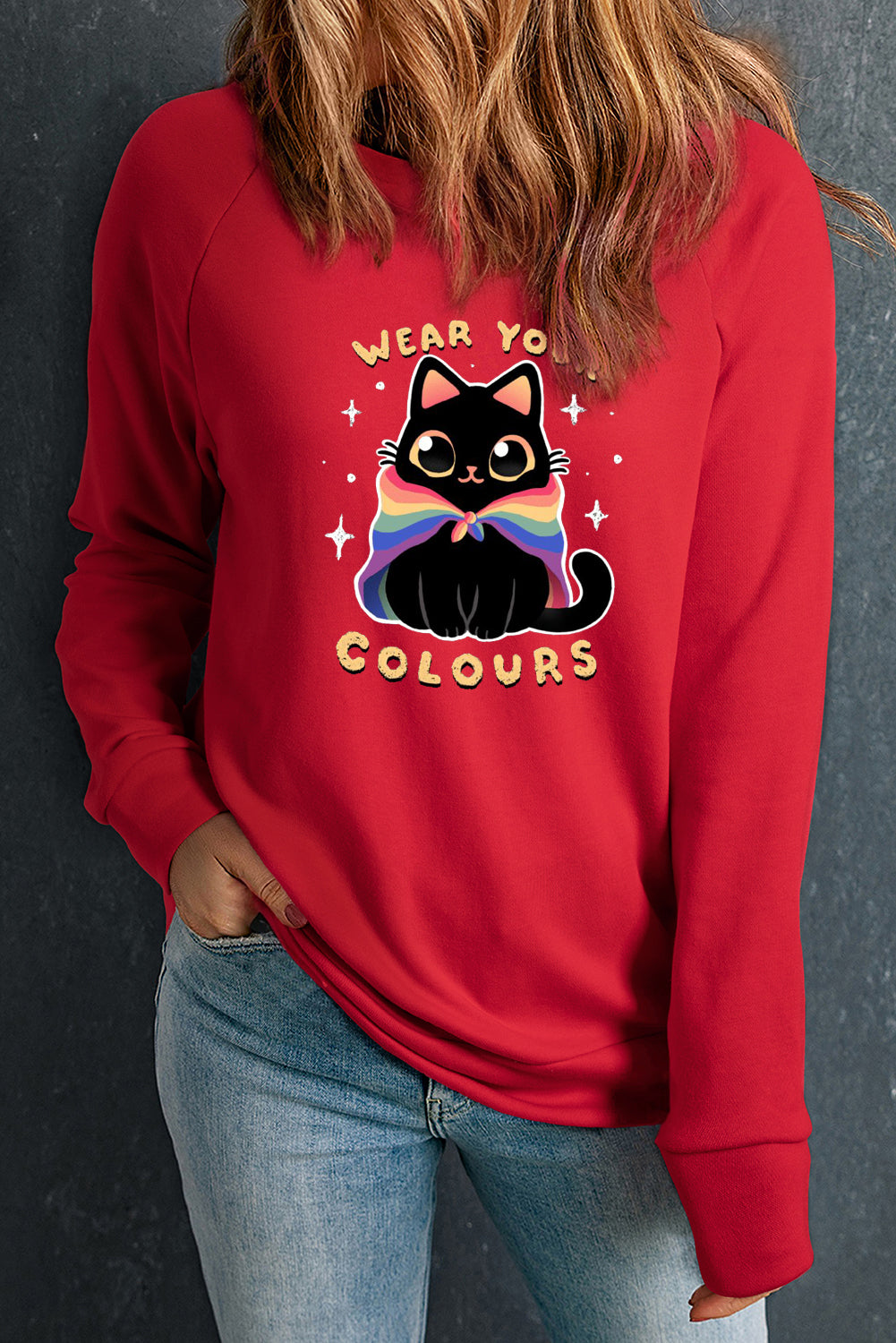 Casual Round Neck Pullover with Rainbow Cat Print