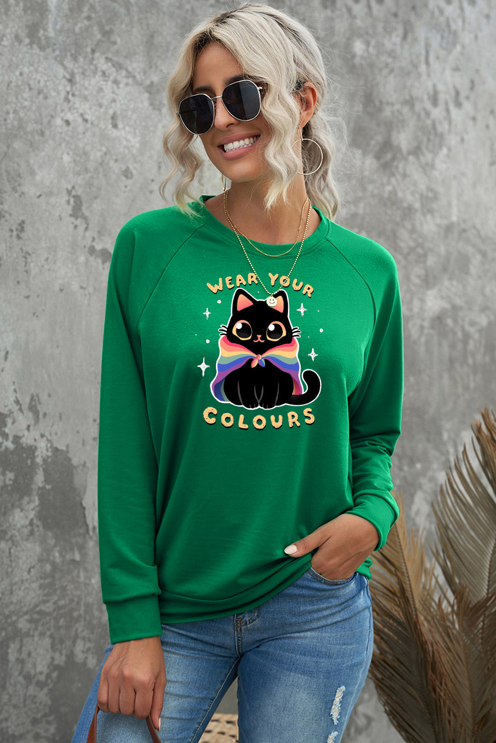 Casual Round Neck Pullover with Rainbow Cat Print