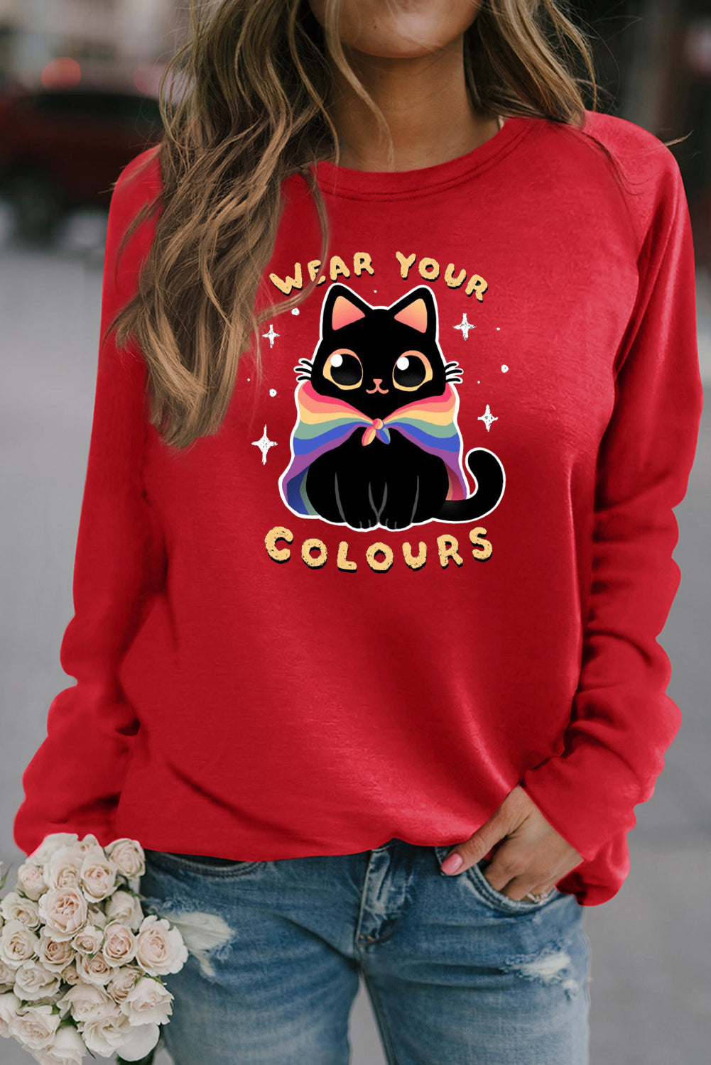 Casual Round Neck Pullover with Rainbow Cat Print