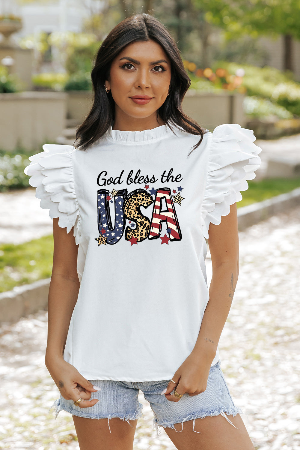 Patriotic Ruffle Sleeve Top God Bless T shirt