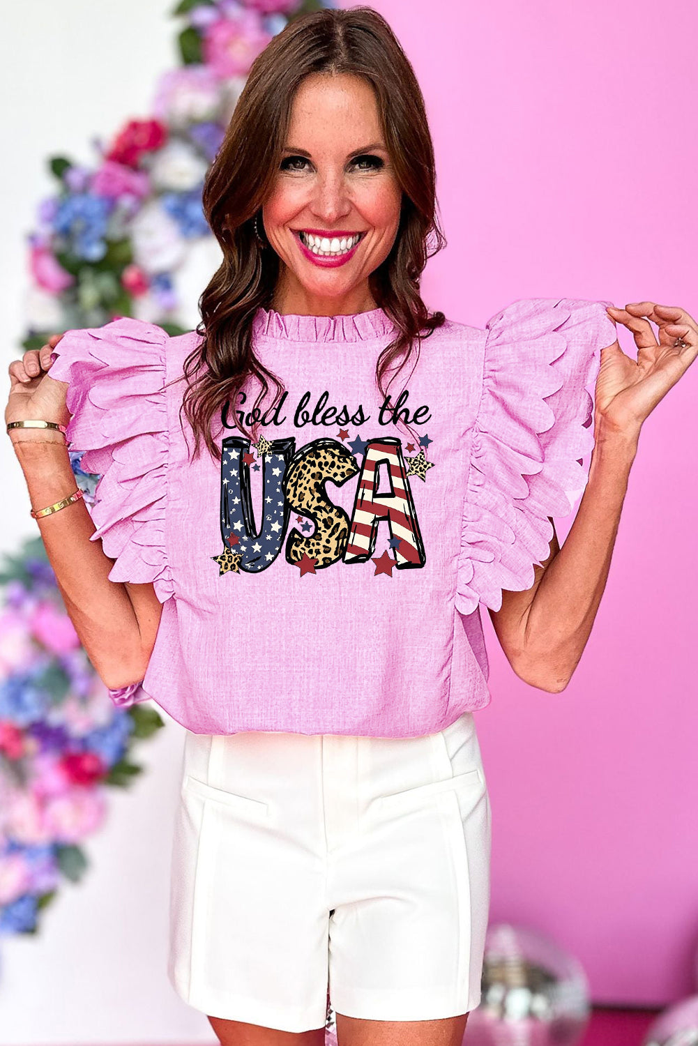 Patriotic Ruffle Sleeve Top God Bless T shirt