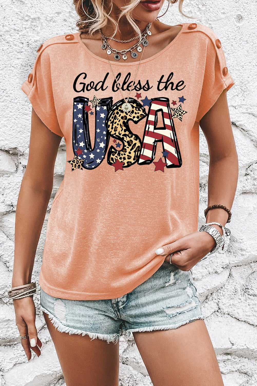 Apricot God Bless the USA Button Detail Tee Leopard Print