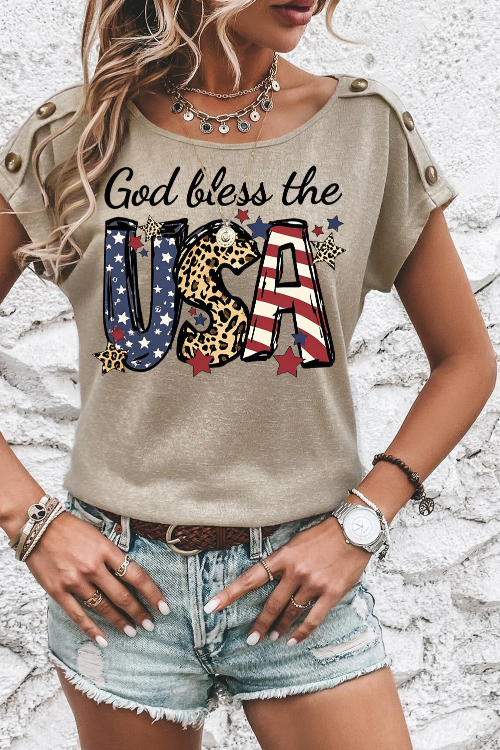 Apricot God Bless the USA Button Detail Tee Leopard Print