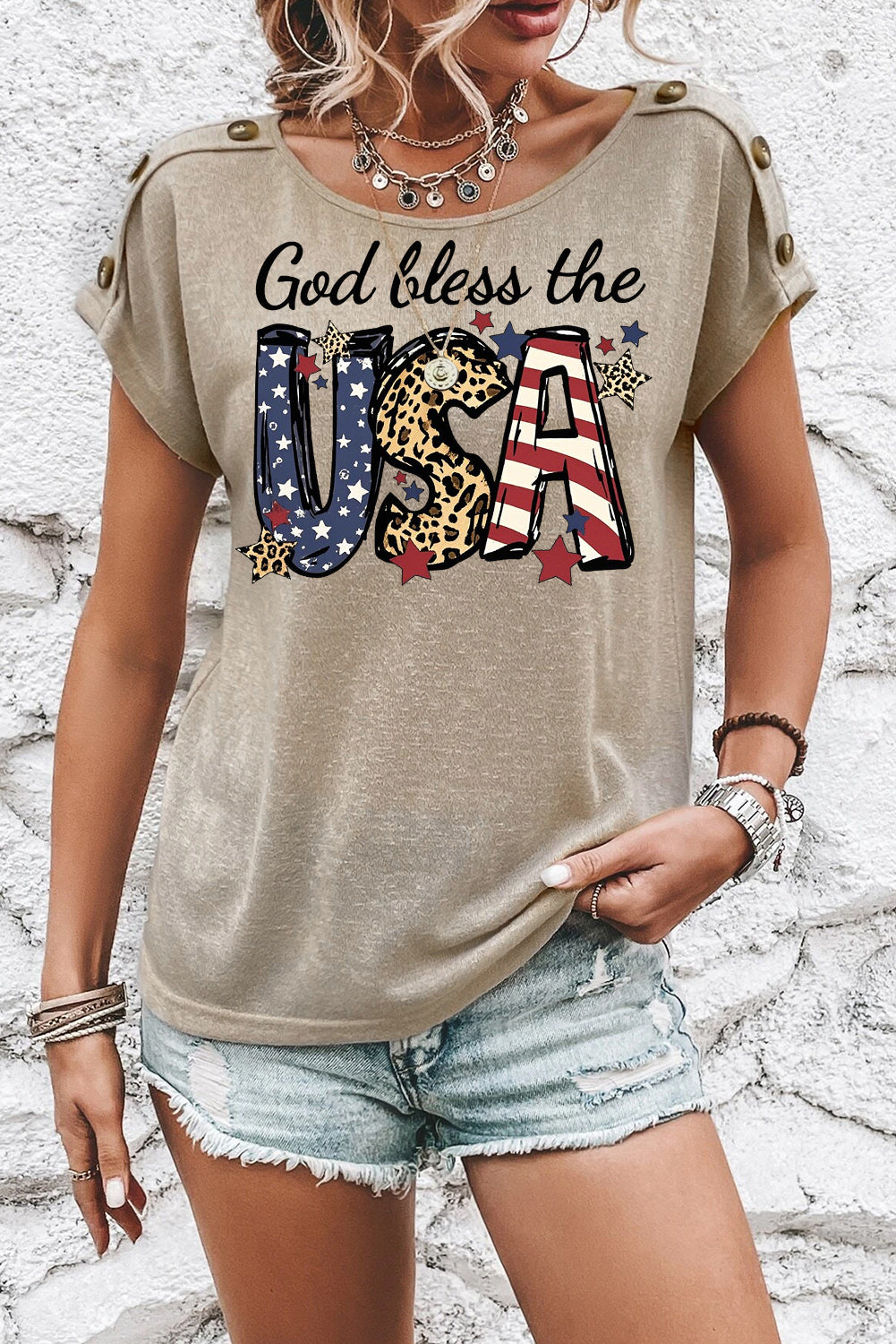 Apricot God Bless the USA Button Detail Tee Leopard Print