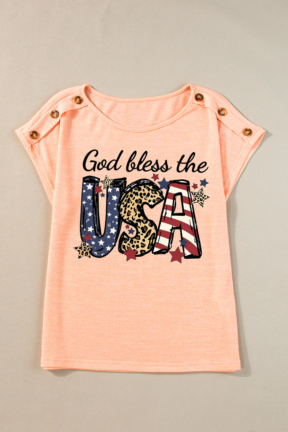 Apricot God Bless the USA Button Detail Tee Leopard Print