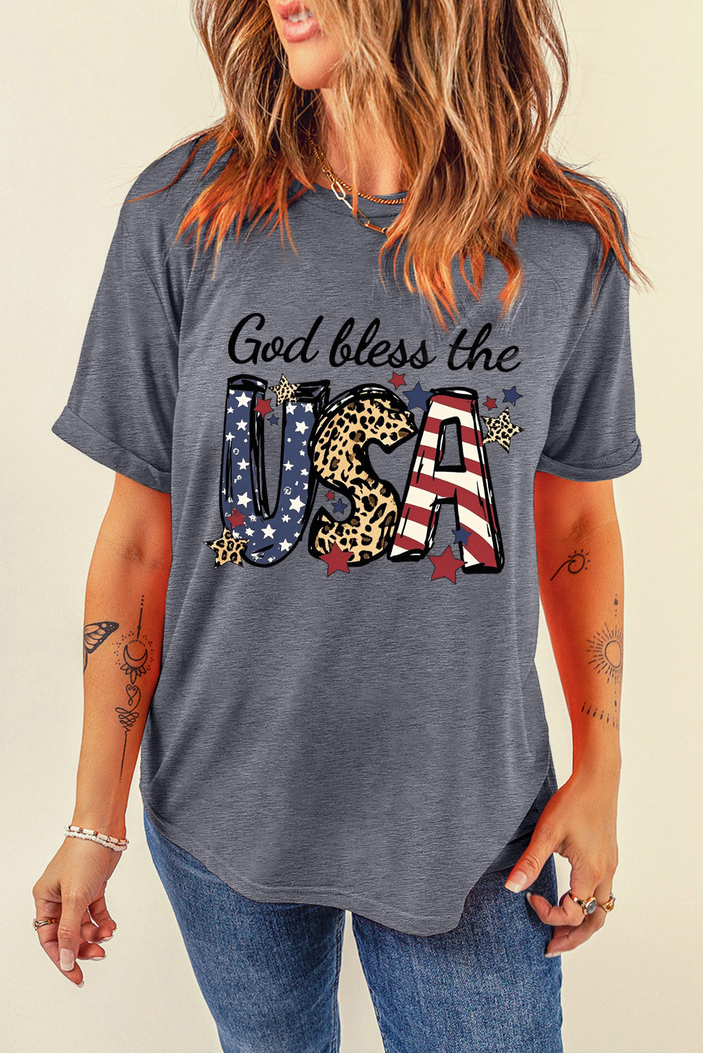 USA Stars and Stripes Leopard Print T-Shirt for Summer Shorts
