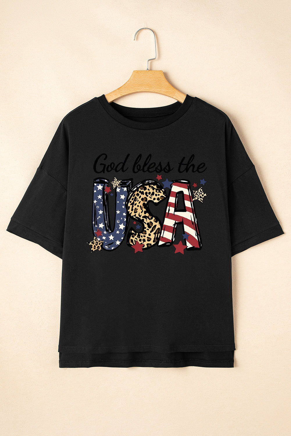 God Bless the USA Casual Tee with Leopard Print Design
