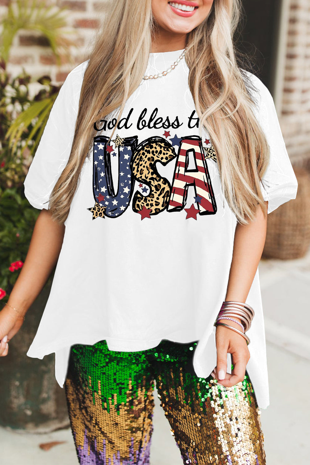 God Bless the USA Casual Tee with Leopard Print Design