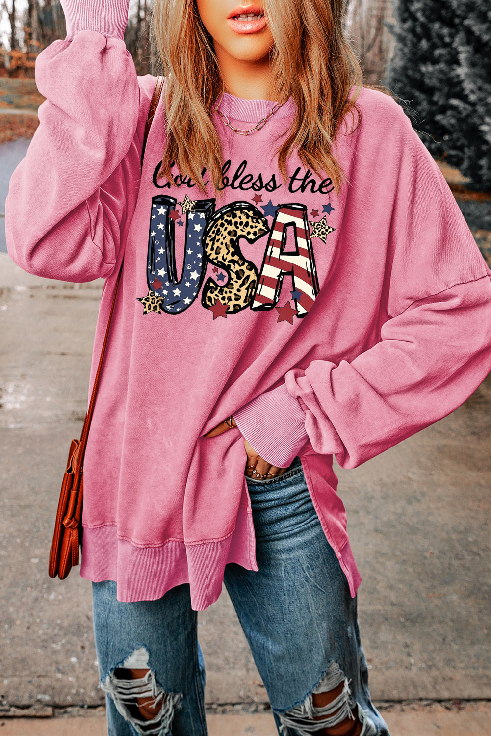 Long Sleeve Oversized Sweatshirt with God Bless the USA