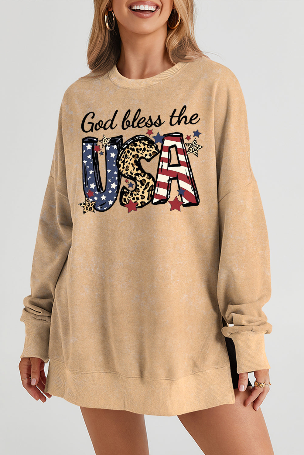 Long Sleeve Oversized Sweatshirt with God Bless the USA