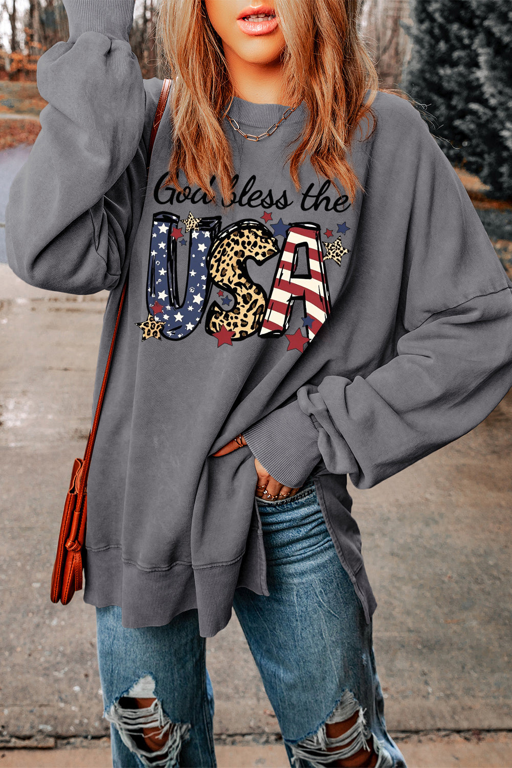 Long Sleeve Oversized Sweatshirt with God Bless the USA