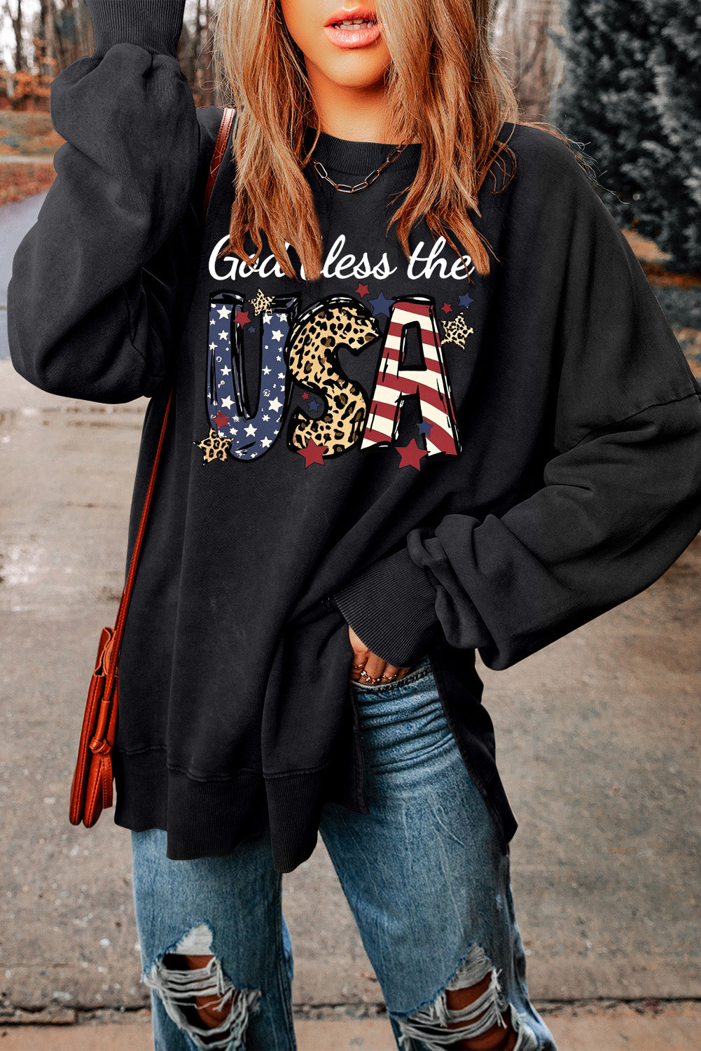 Long Sleeve Oversized Sweatshirt with God Bless the USA