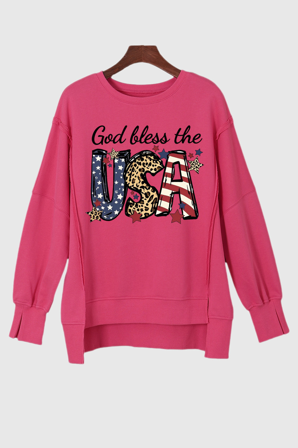 Patriotic God Bless the USA Oversized Sweatshirt with Raw Hem