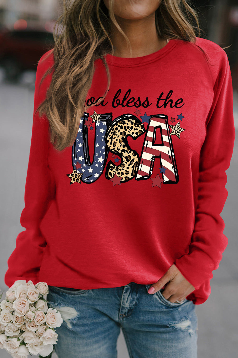 Casual Round Neck Pullover Long Sleeve Sweatshirt with Bless USA