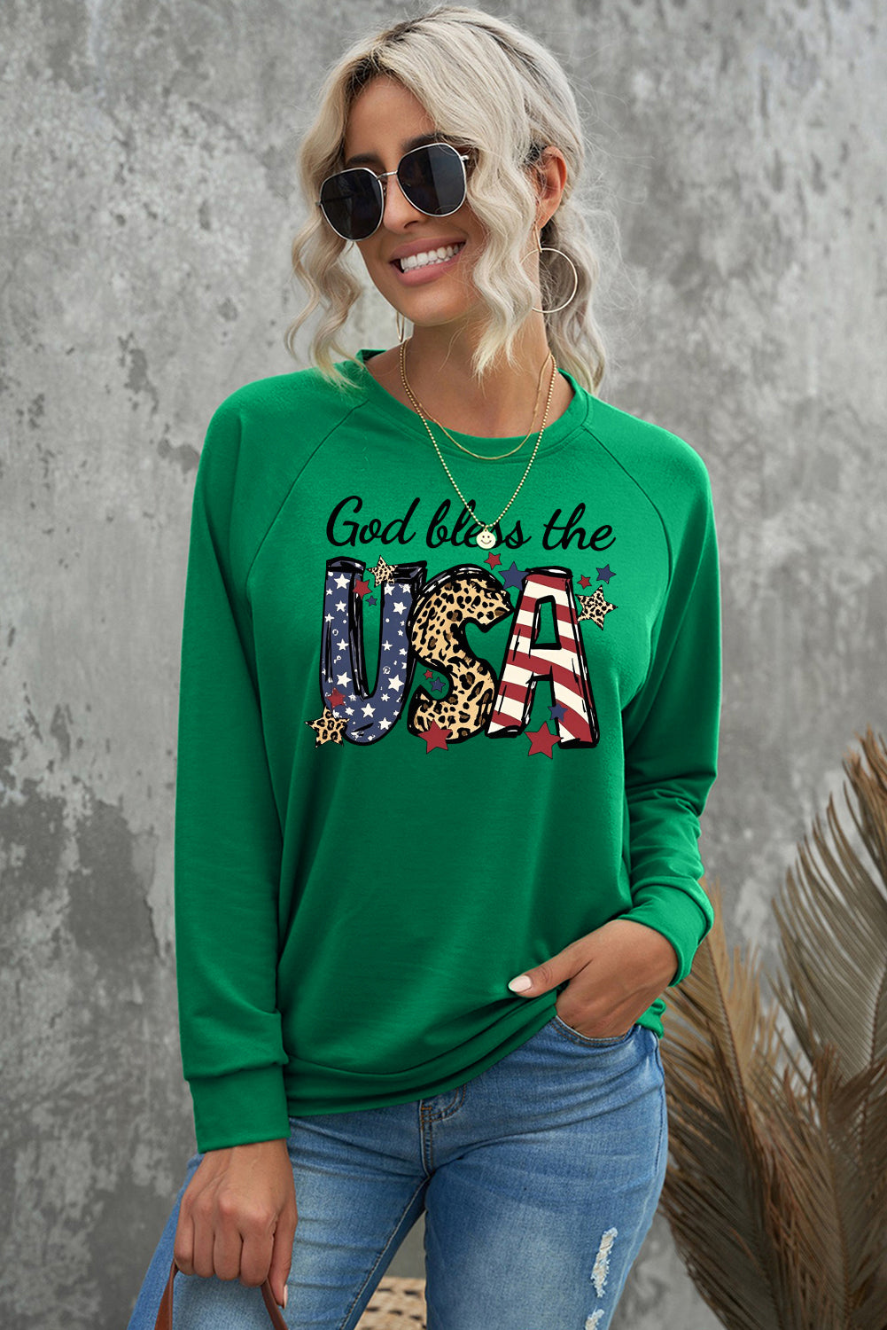 Casual Round Neck Pullover Long Sleeve Sweatshirt with Bless USA