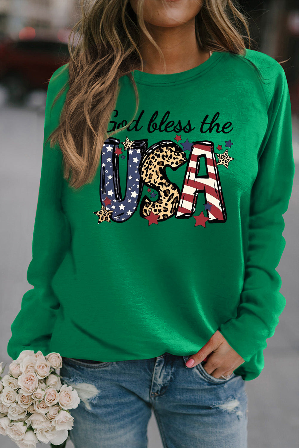 Casual Round Neck Pullover Long Sleeve Sweatshirt with Bless USA