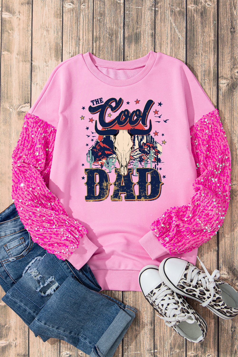 Pink Pullover with Sequin Sleeves and Dad Skull Graphic