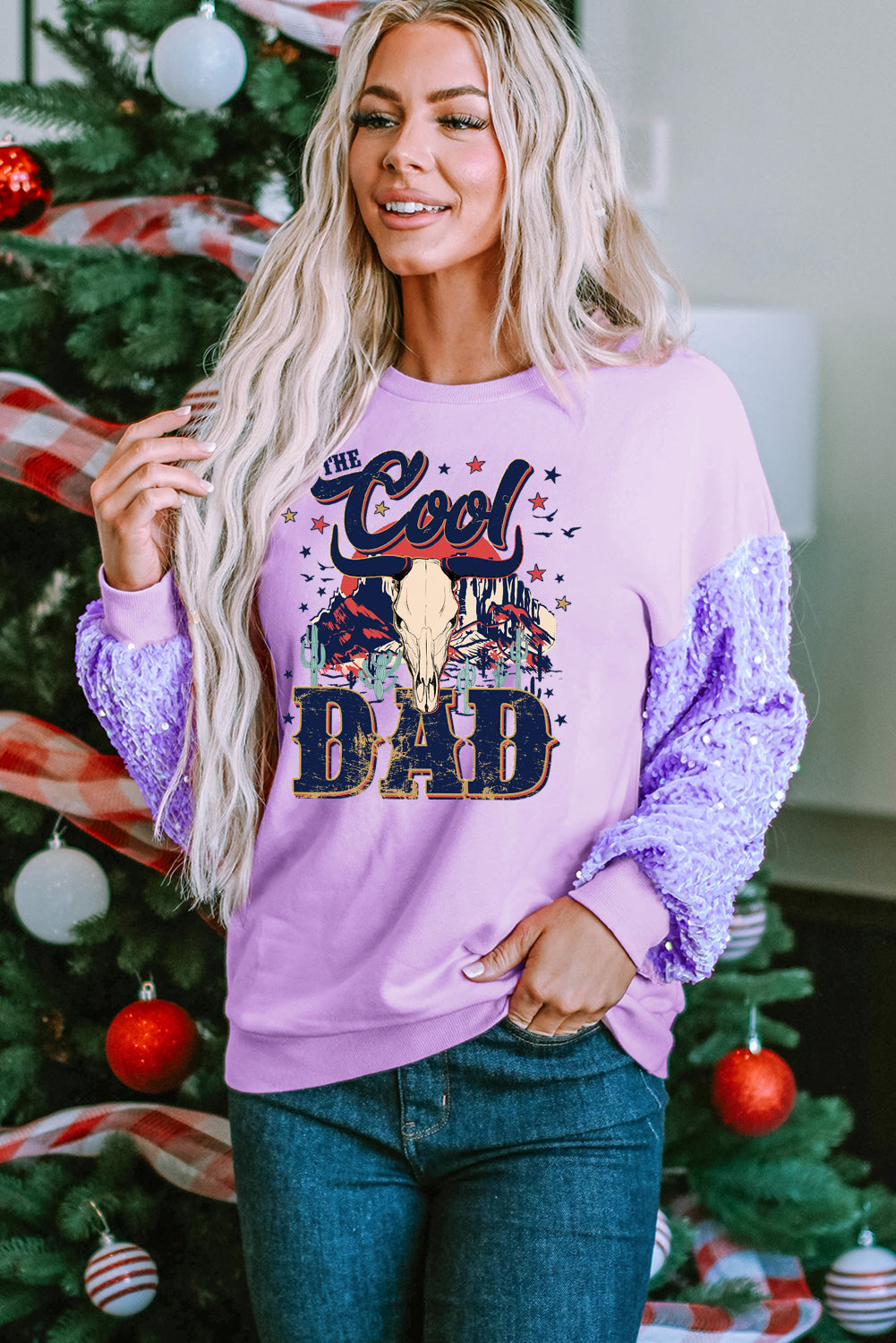 Pink Pullover with Sequin Sleeves and Dad Skull Graphic