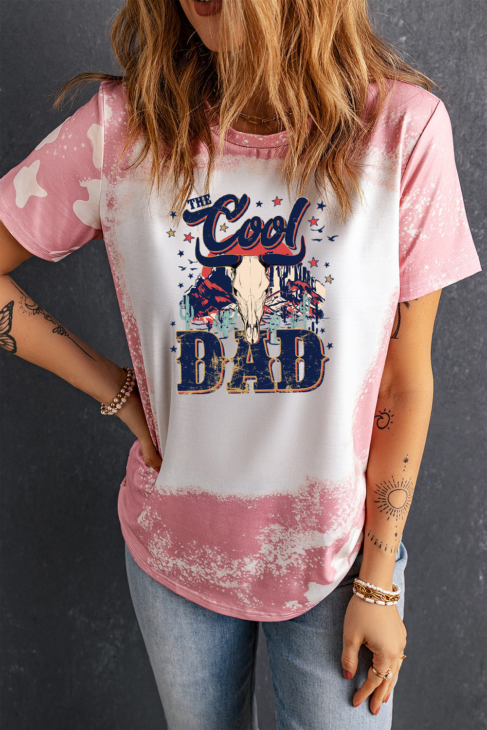 Bleached Cool Dad Print Tee with Ombre Star Pattern