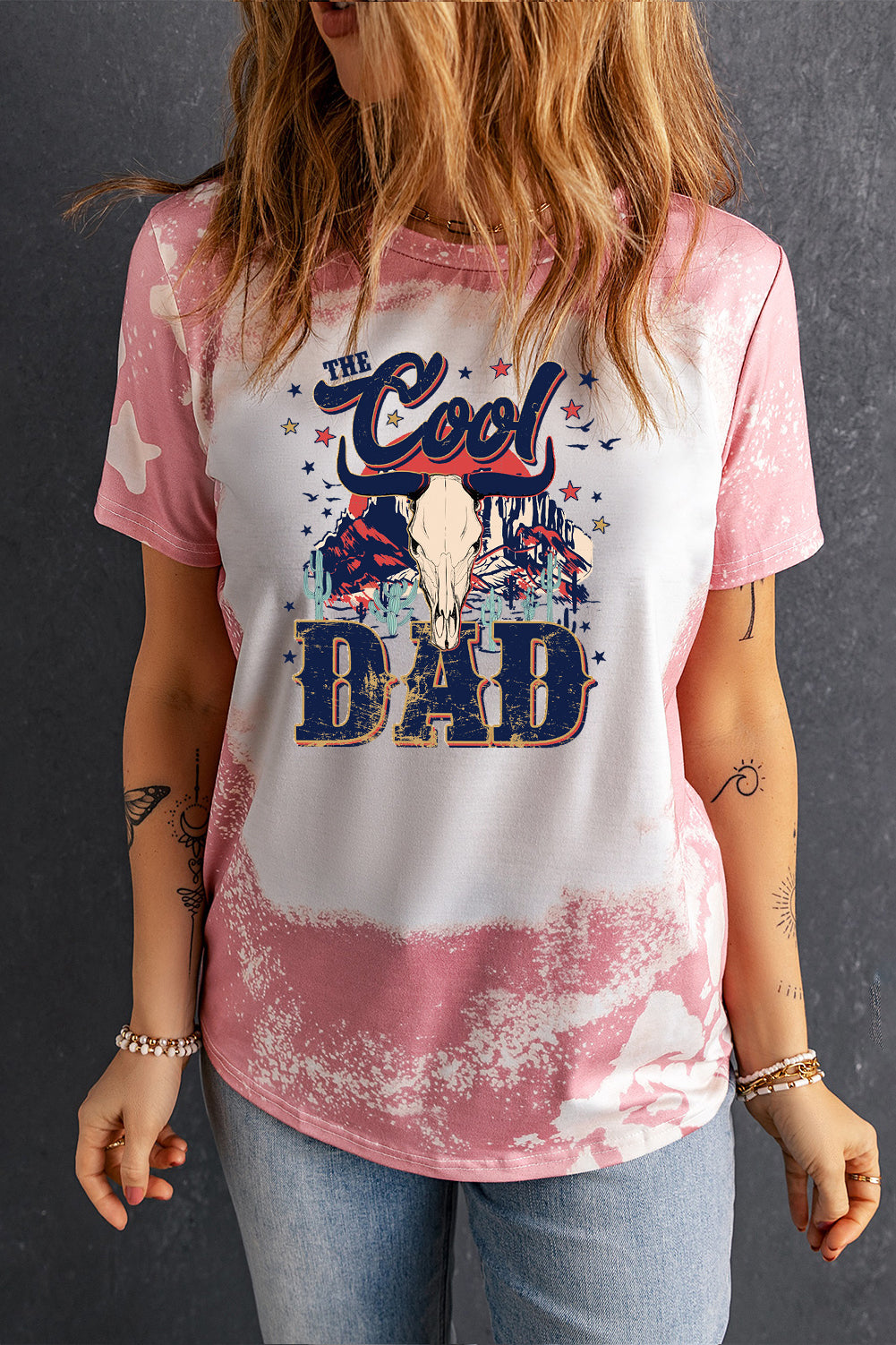 Bleached Cool Dad Print Tee with Ombre Star Pattern