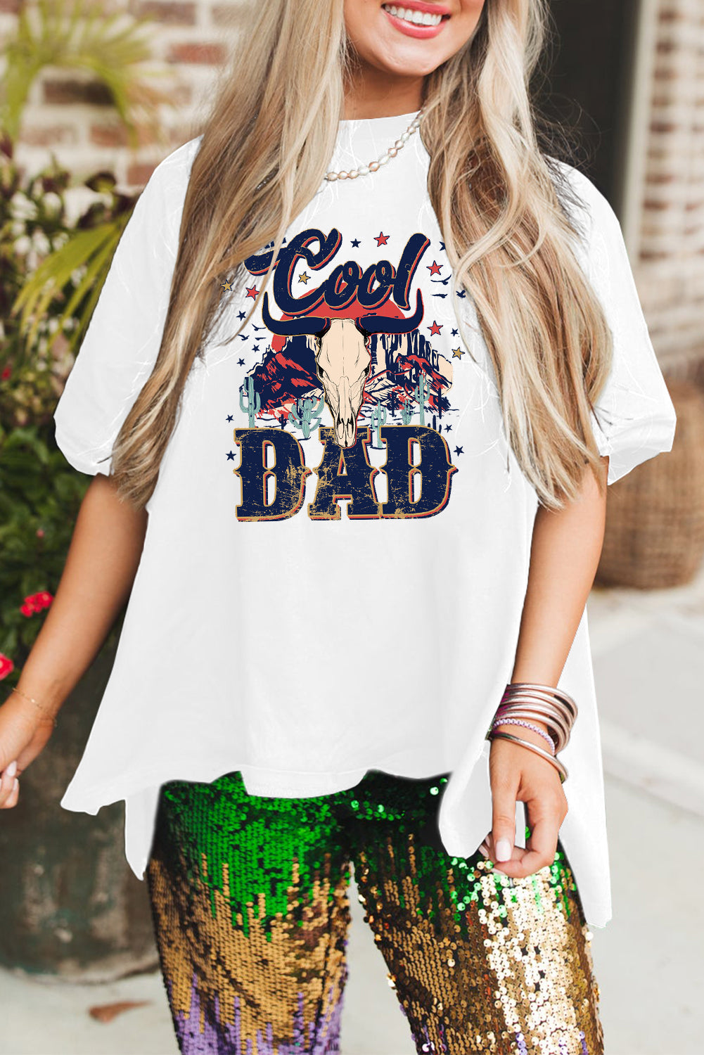 White Graphic Dad Tee with Drop Hem and Loose Fit