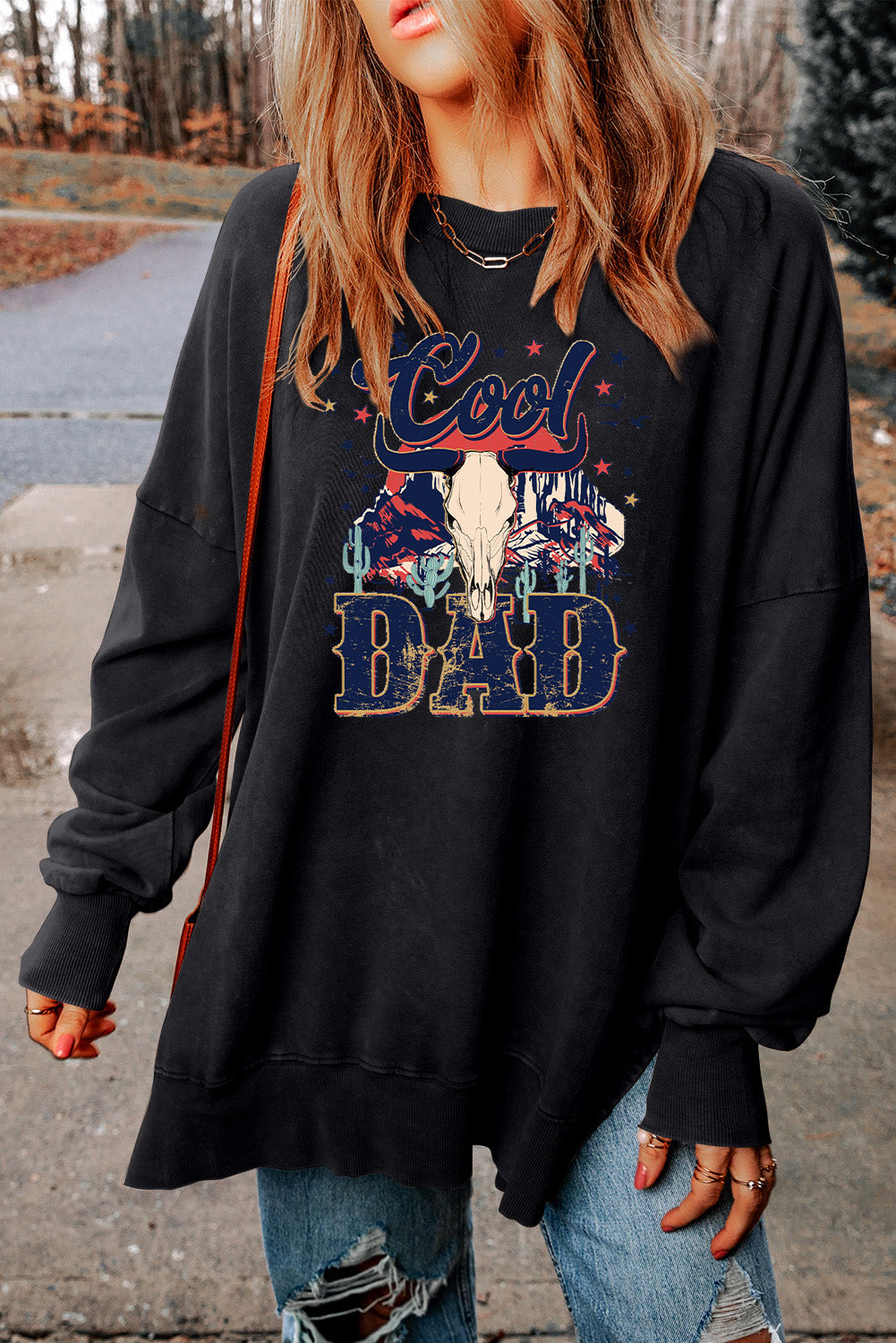 Oversized Crew Neck Dad Print Graphic Sweater