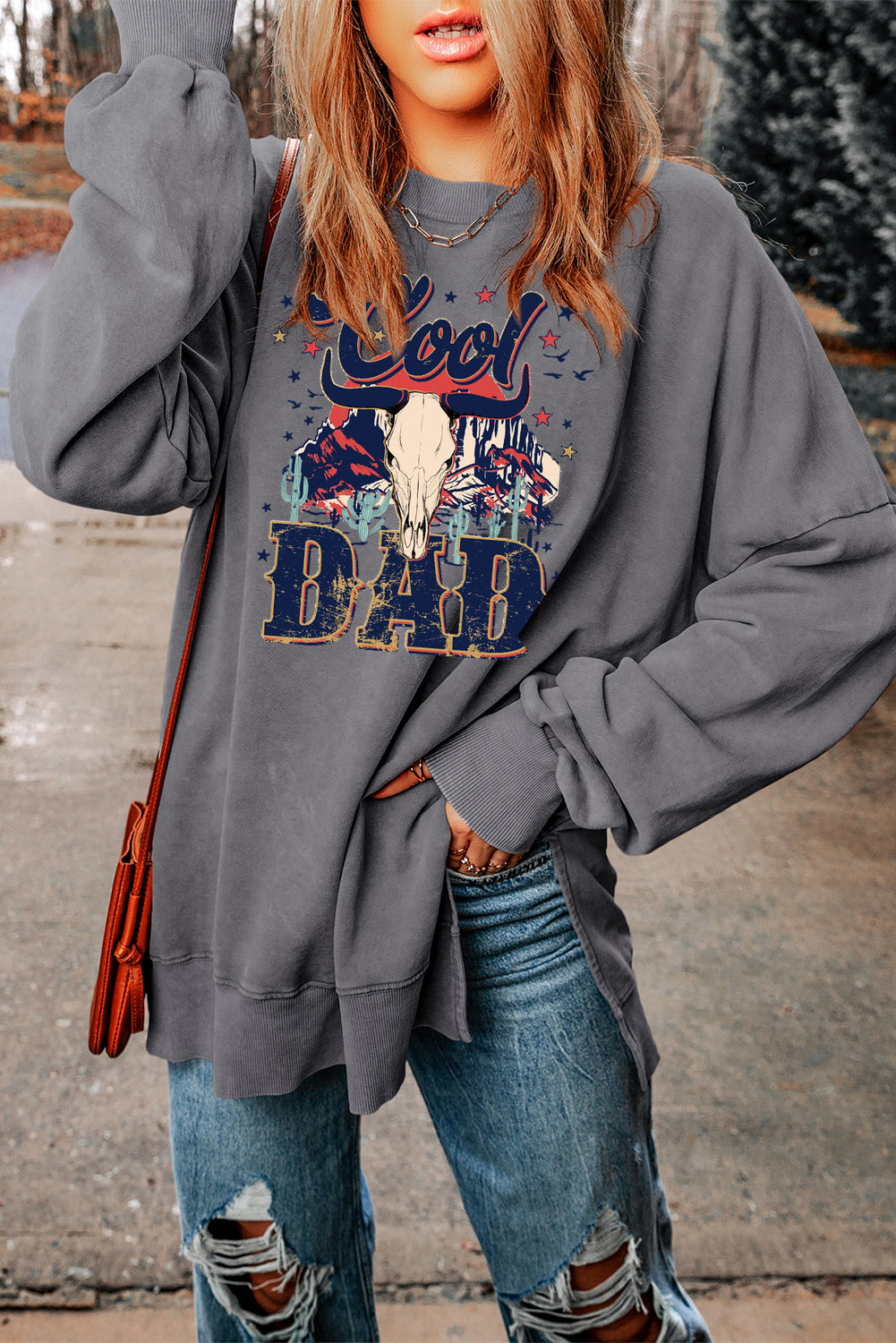 Oversized Crew Neck Dad Print Graphic Sweater