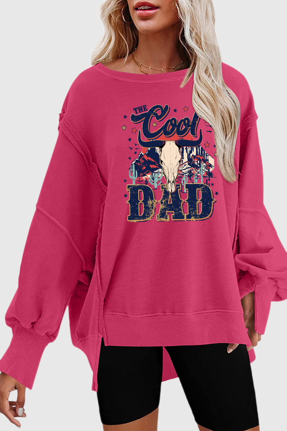 Rose Pink Dad Print Drop Shoulder Long Sweatshirt