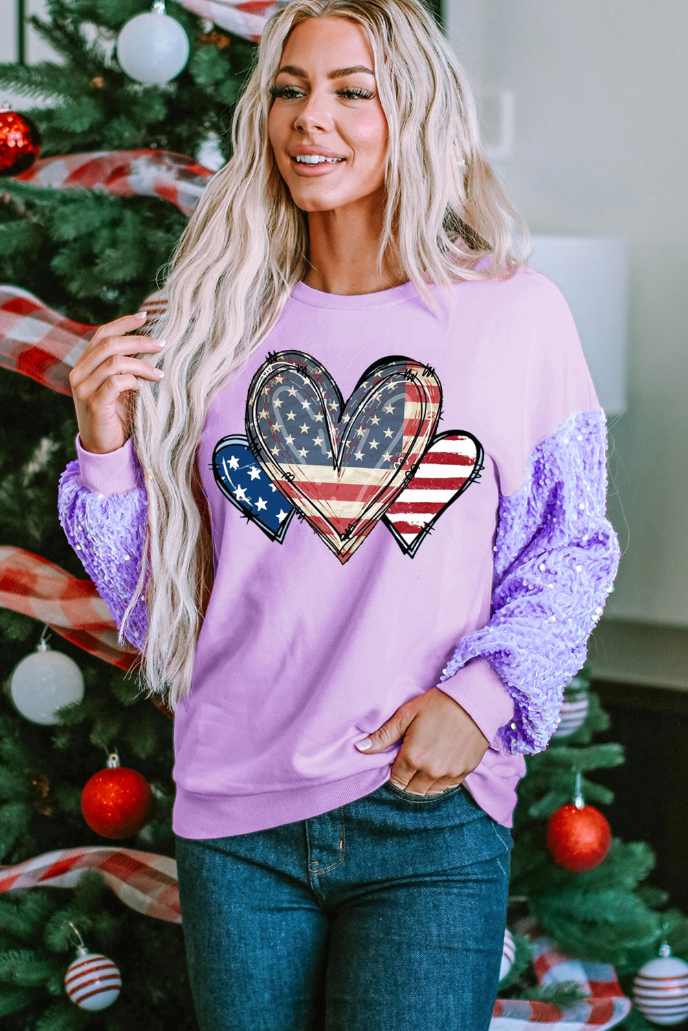 Pink Patriotic Heart Print Fuzzy Sleeve Crewneck Sweatshirt
