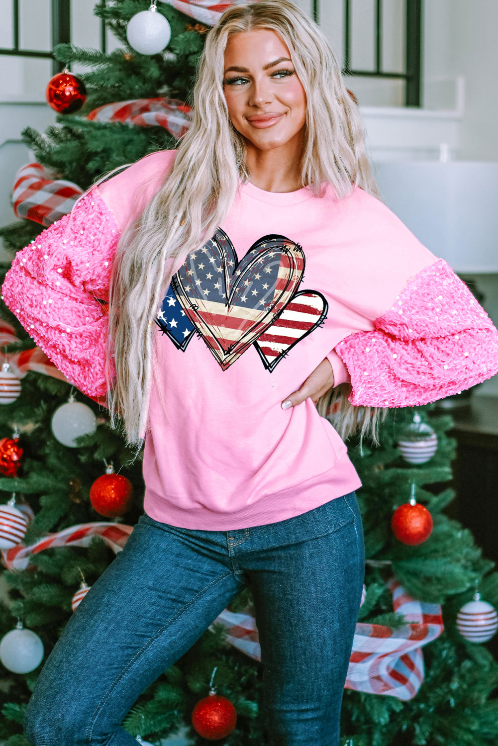 Pink Patriotic Heart Print Fuzzy Sleeve Crewneck Sweatshirt