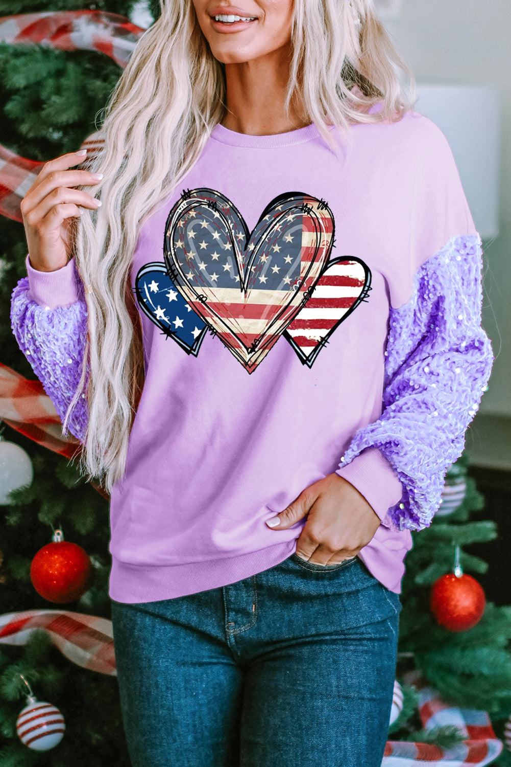 Pink Patriotic Heart Print Fuzzy Sleeve Crewneck Sweatshirt