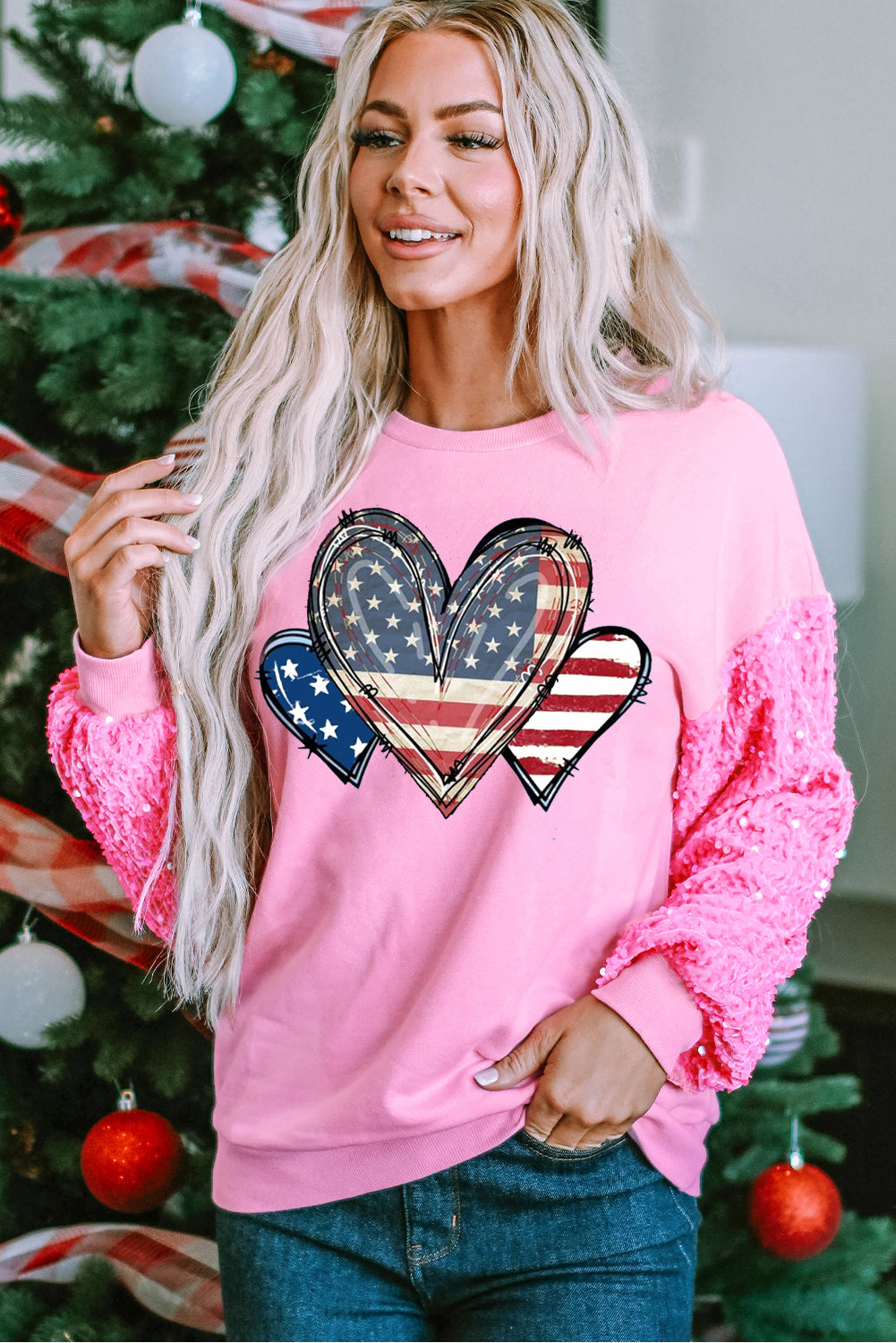 Pink Patriotic Heart Print Fuzzy Sleeve Crewneck Sweatshirt