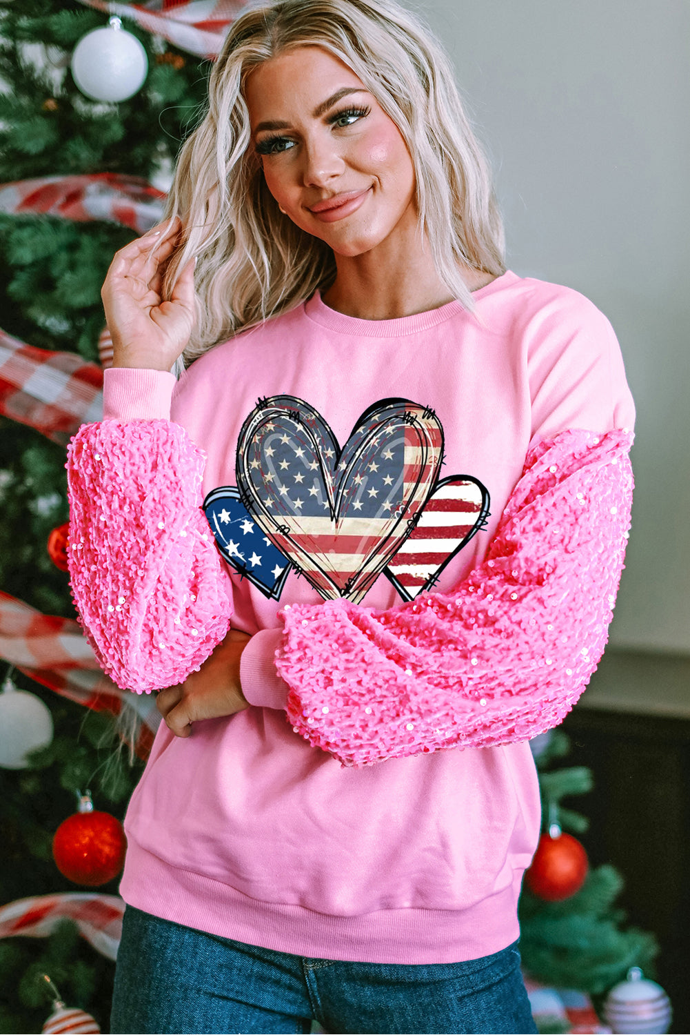 Pink Patriotic Heart Print Fuzzy Sleeve Crewneck Sweatshirt