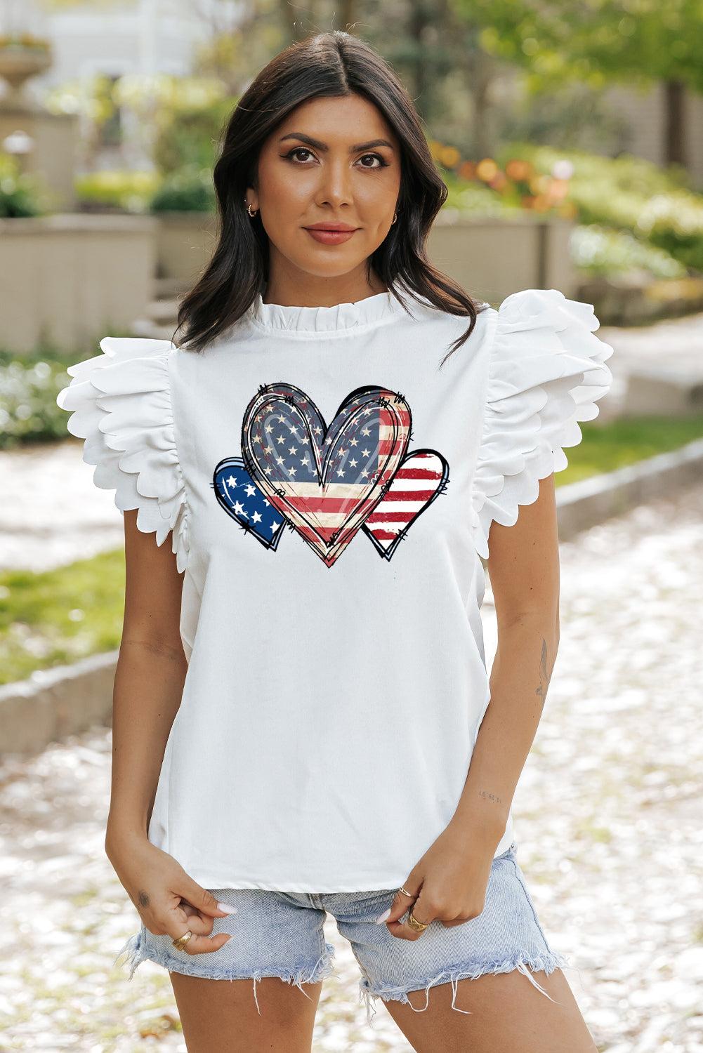 White Patriotic Heart Top with Ruffle Sleeves Top