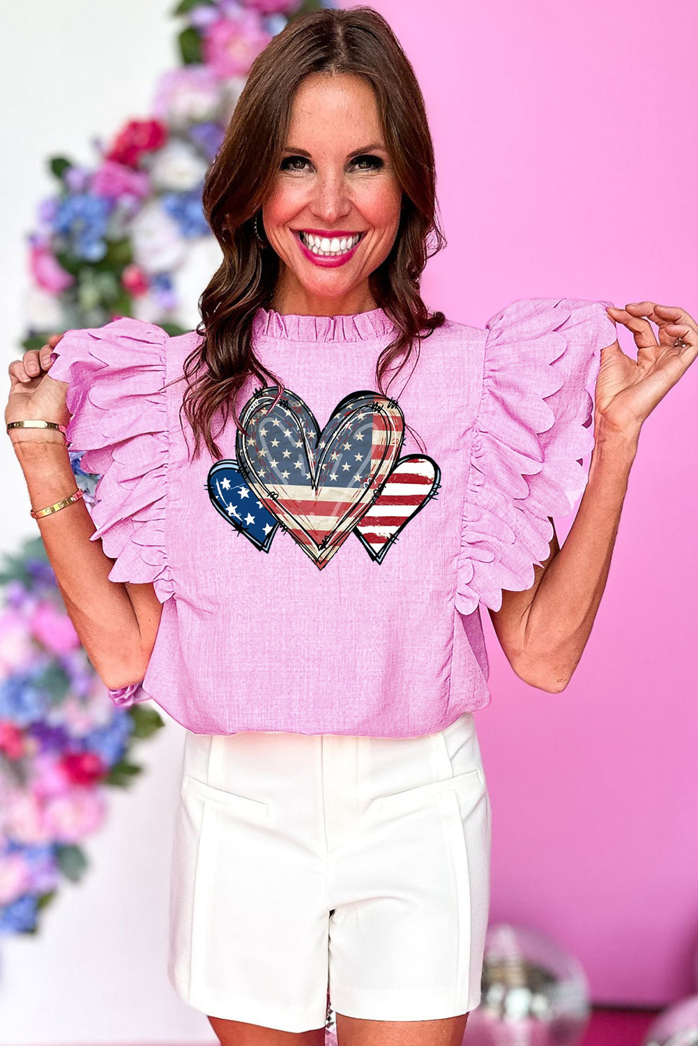 White Patriotic Heart Top with Ruffle Sleeves Top