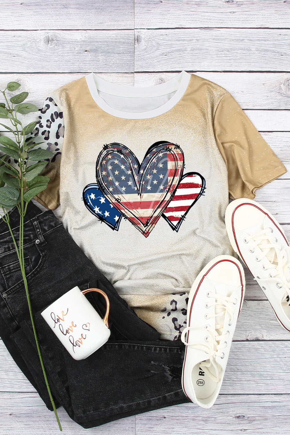 Retro Bleached USA Heart Tee with Mixed Print Sleeves