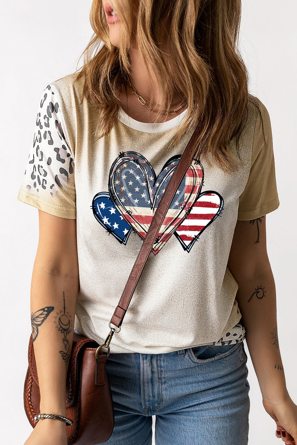 Retro Bleached USA Heart Tee with Mixed Print Sleeves