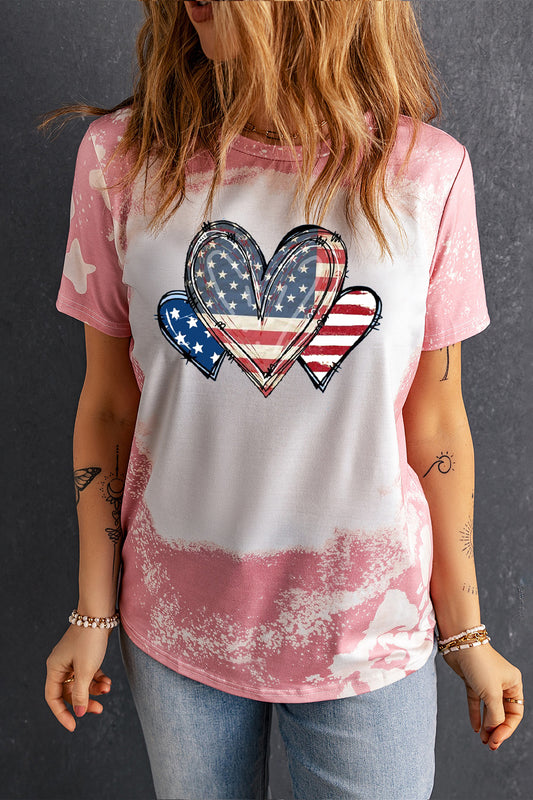 Pink Tie Dye USA Flag Heart Bleached Graphic Tee