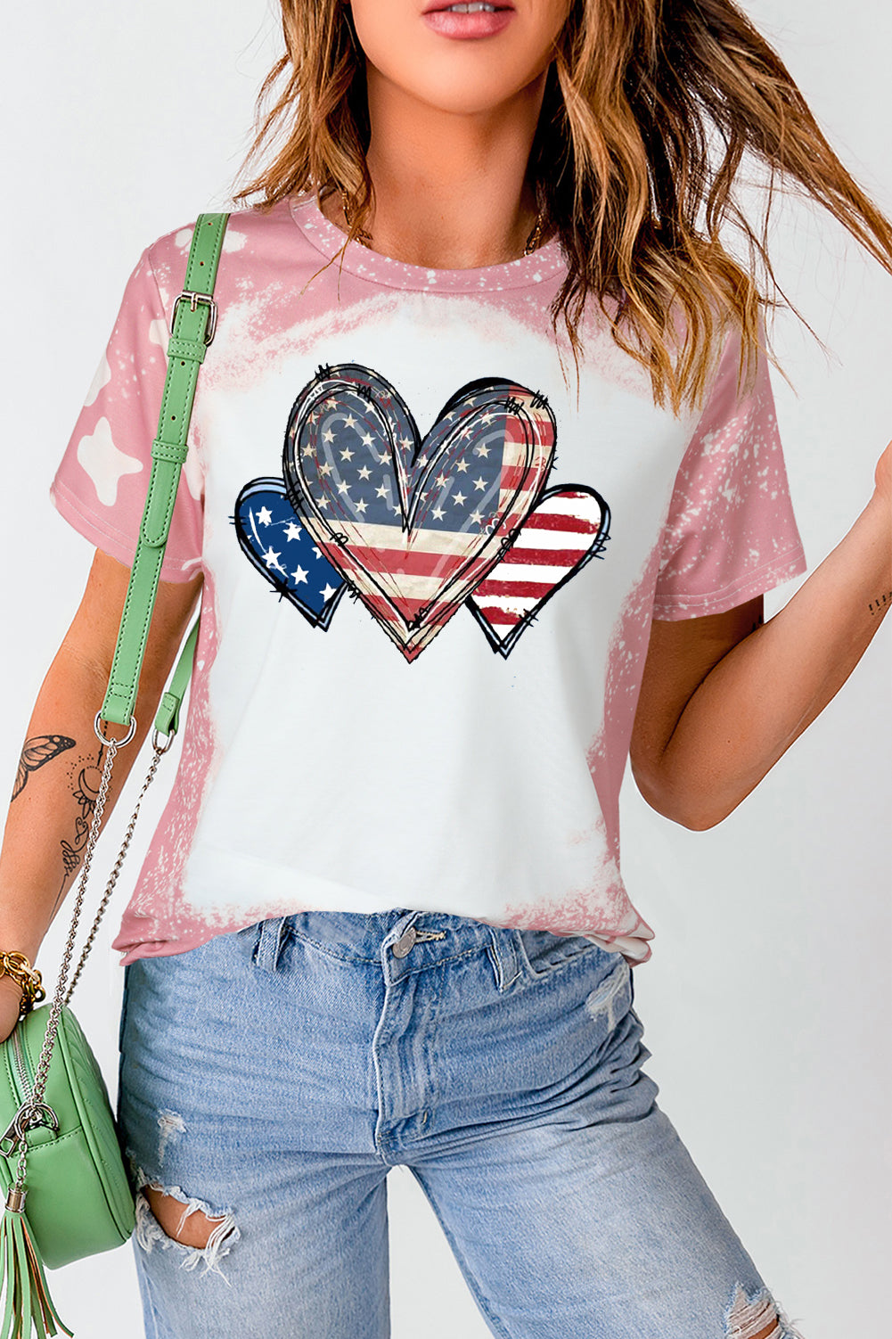 Pink Tie Dye USA Flag Heart Bleached Graphic Tee
