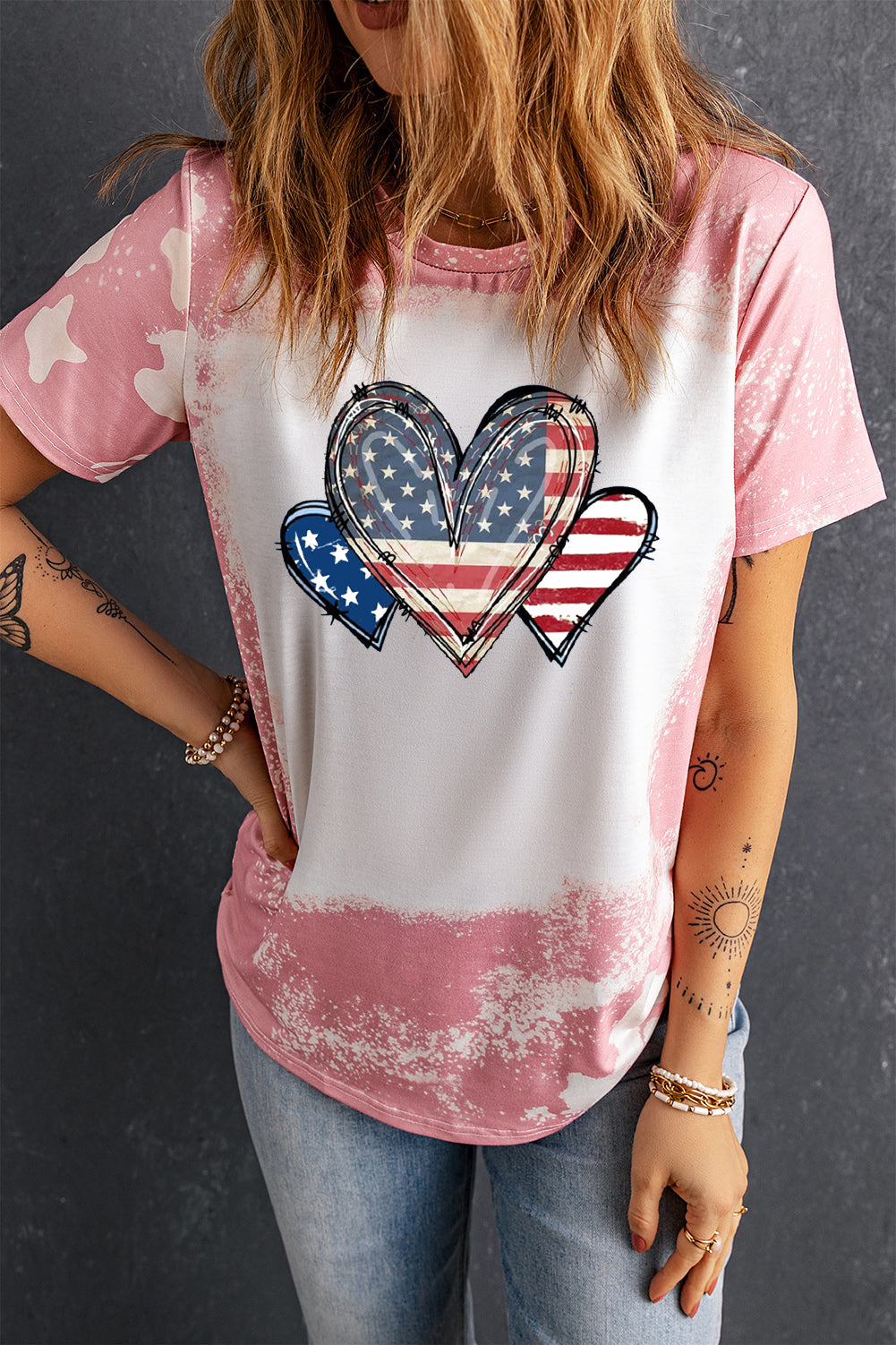 Pink Tie Dye USA Flag Heart Bleached Graphic Tee
